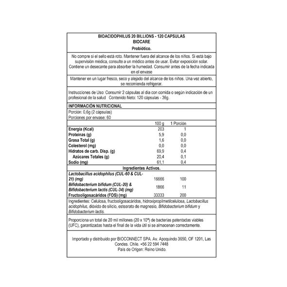 BioAcidophilus 20 billones - 120 cápsulas -Probióticos