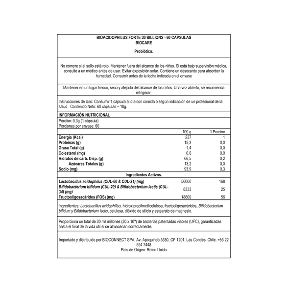 Probióticos BioAcidophilus Forte 30 billones - 60 cápsulas