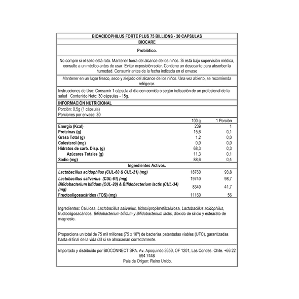 BioAcidophilus Forte Plus - 75 billones de bacterias - 30 cápsulas -Probióticos