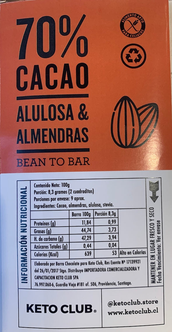 CHOCOLATE 70% CACAO CON ALMENDRASKETO CLUB