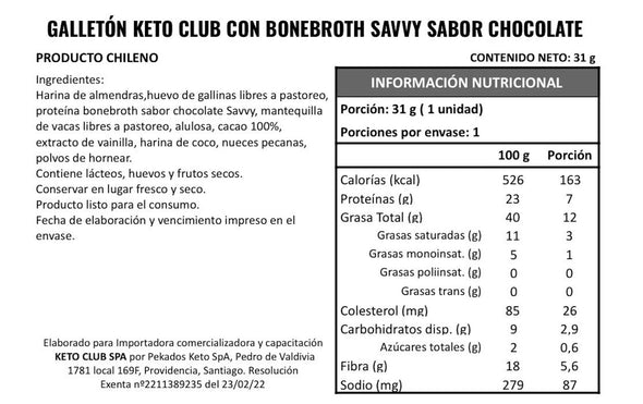 GALLETÓN PROTEICO KETO CLUB (CHOCOLATE 31 GRS)